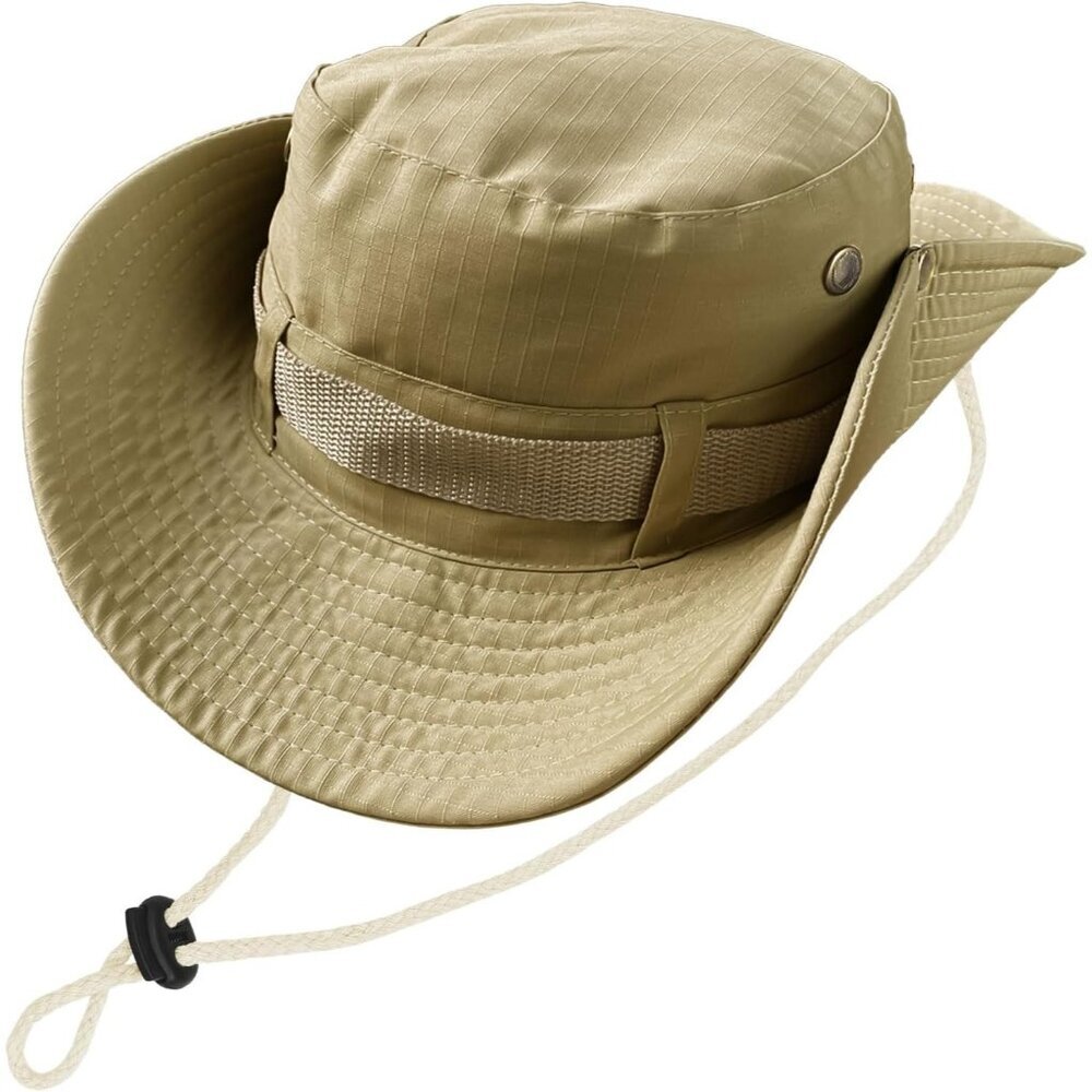 Unisex Light Khaki 100% Polyester Wide Brim Boonie Chin Strap Classic Hiking Hat